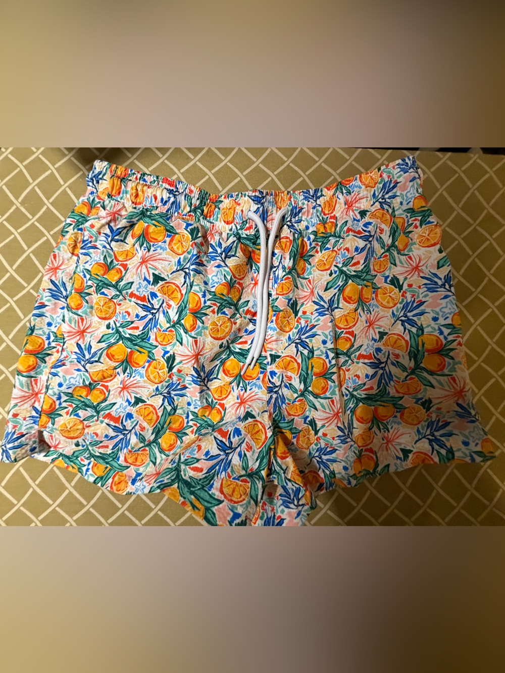 LumberLegs Orange Citrus Floral Swim Trunks Men’s Medium Lined Swim Shorts